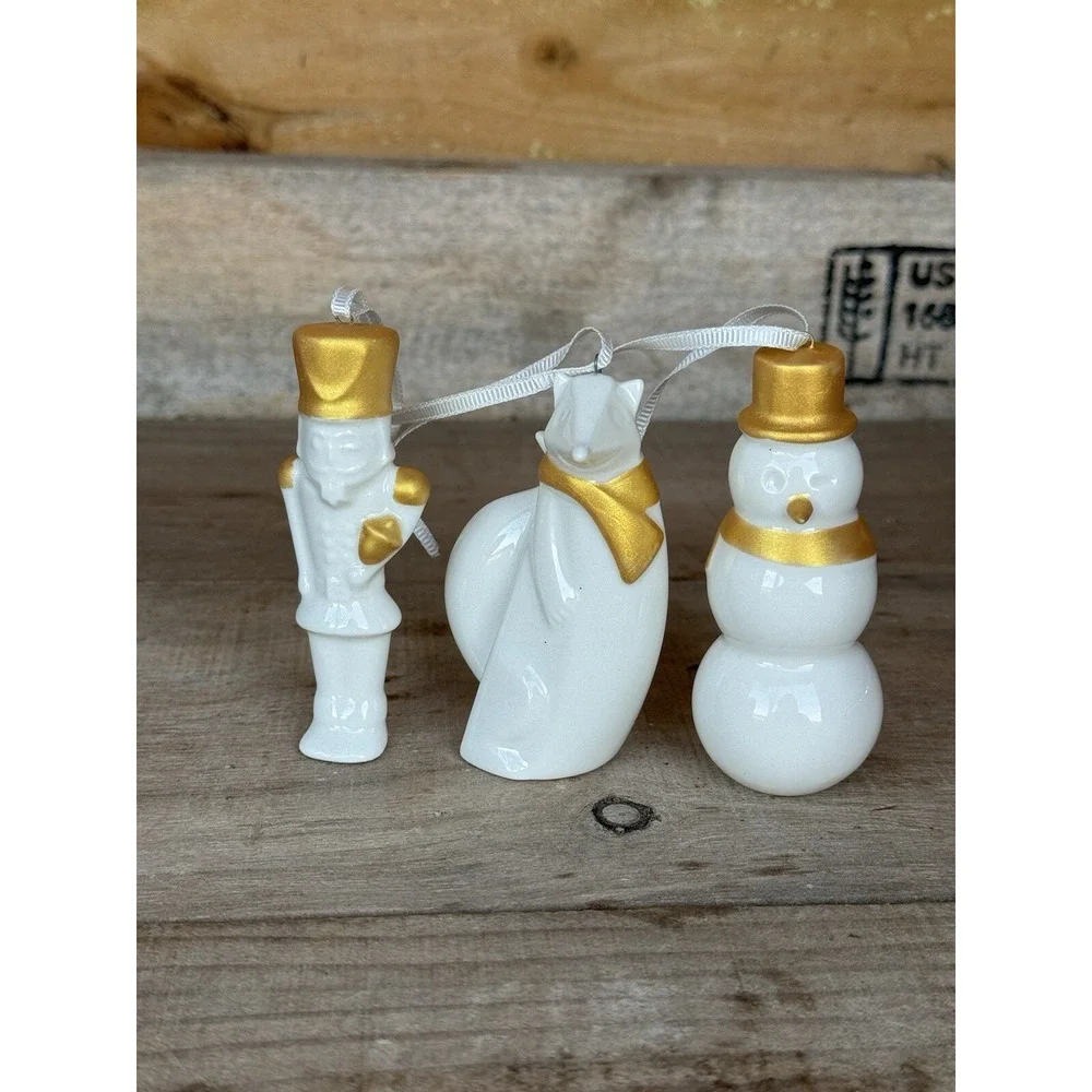 Vintage STARBUCKS Christmas Tree Ornaments Set Fox,Snowman, Nutcracker Porcelain